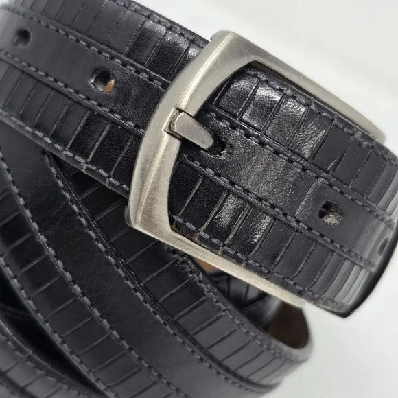 Mezlan Mens Belt Sz 48 Black Leather 8700/35 Brushed Silver Spain Big & Tall - Picture 4 of 16